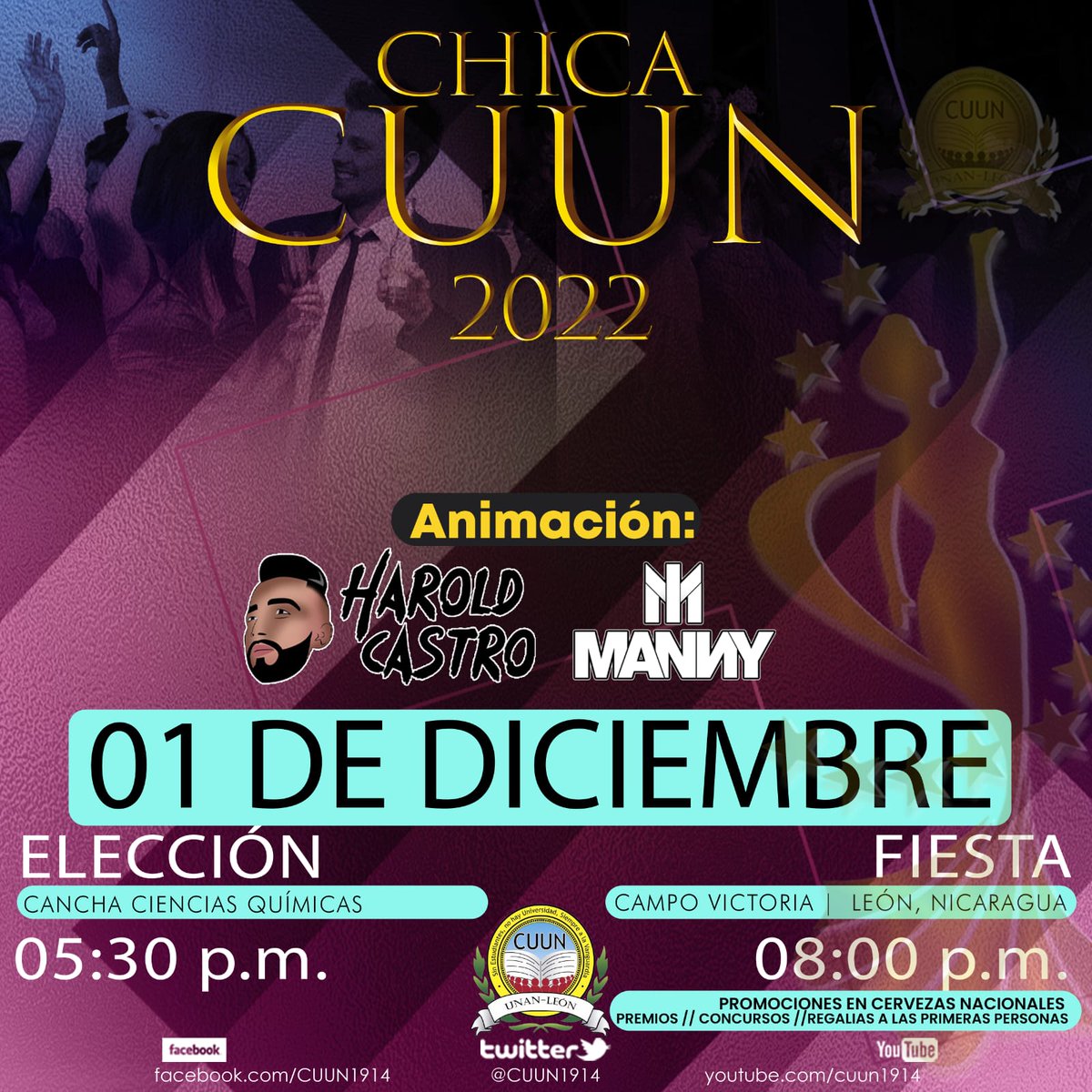 El evento más esperado ha llegado, este próximo 1 de diciembre comenzamos con la Elección y Coronación en la cancha de Ciencias Químicas a las 5:30 p.m. y posteriormente  en el Campo Victoria En el 08:00 pm.
 
¡NO TE LO PUEDES PERDER!

#rumboachicacuun2022
#CUUN1914