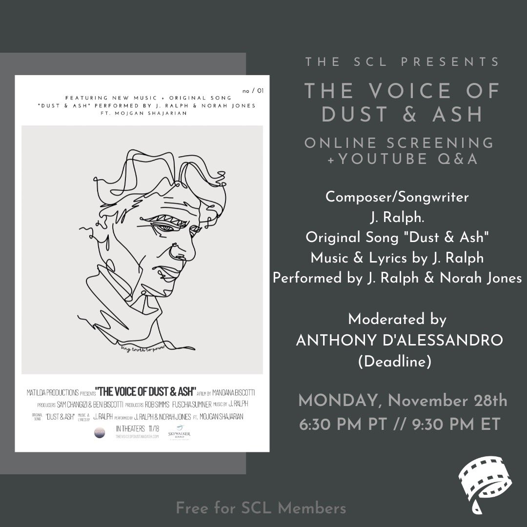 The_SCL's tweet photo. On Monday, November 28th, we are excited to share an online screening of THE VOICE OF DUST & ASH followed by a Youtube Q&A with Composer/Songwriter J. Ralph, moderated by ANTHONY D'ALESSANDRO (Deadline).
#composers #score #awardsseason #thescl #sclscreening #sclny #sclnashville https://t.co/aWNlZH8lKn