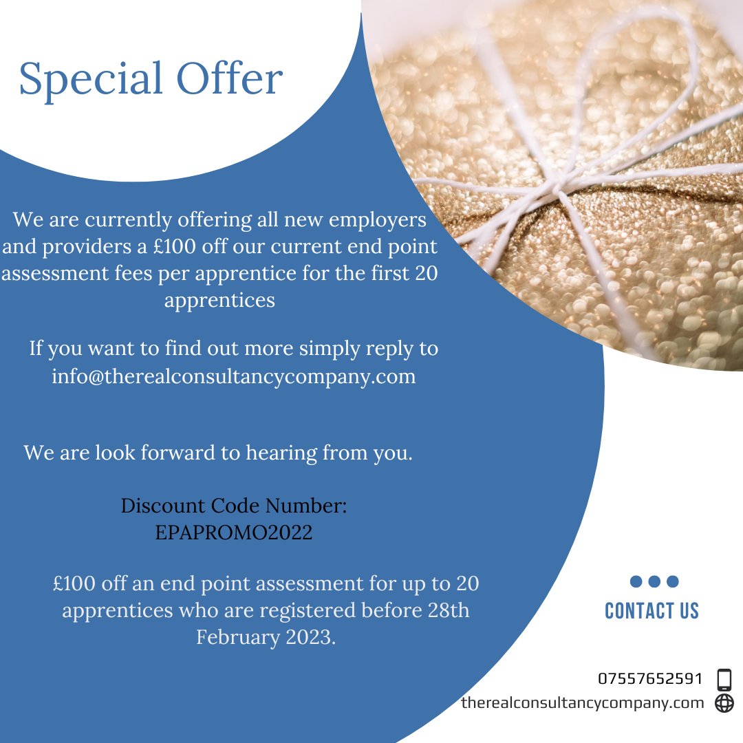 We are on an important mission to introduce The Real Consultancy Company Limited’s Apprenticeship End Point Assessment Offer. We are offering a £100 discount for all providers who register their apprentices before 28 February 23. Please contact info@therealconsultancycompany.com