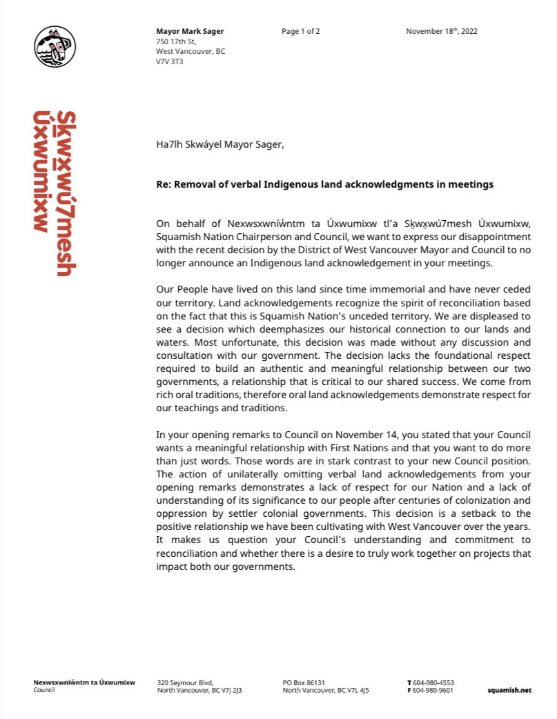 Khelsilem's tweet photo. The @SquamishNation sent this letter to the Mayor of West Vancouver on the decision to end land acknowledgments at Council meetings.

Our leadership ask they restore the practice + a Council to Council meeting to discuss building a positive relationship.

Here is our letter: https://t.co/Tb9bhaxuDZ