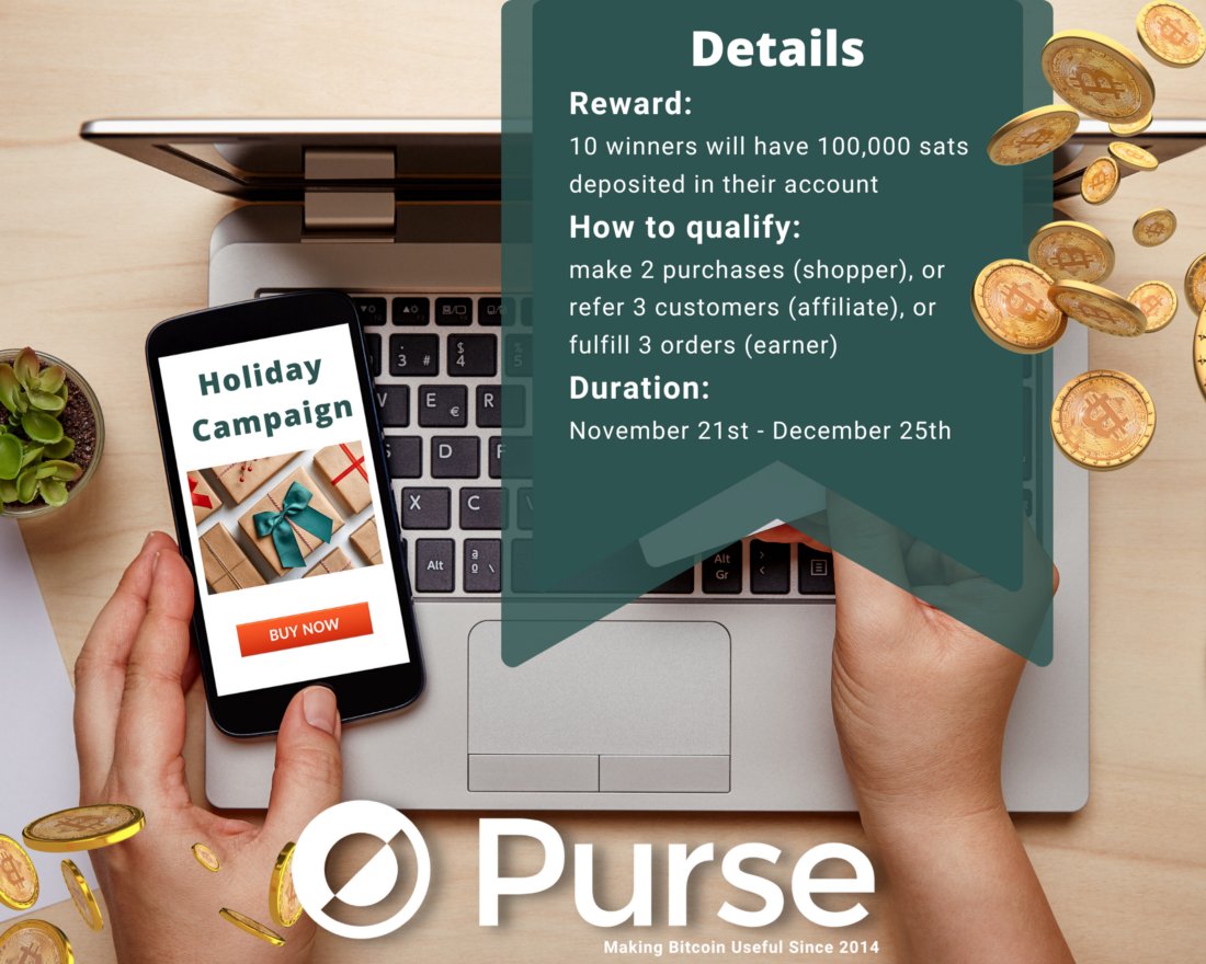 🚨 #BITCOIN GIVEAWAY ANNOUNCEMENT🚨:

To celebrate the holiday season, Purse will be giving away more than 1 million sats.🤑

10 winners will have 100,000 sats deposited in their Purse account.
The competition will last from November 21st to December 25th. 

Here is how to win: