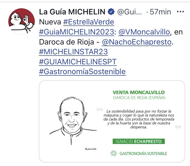 Enhorabuena!!
Restaurante #AjoNegro por su primera estrella y <a href="/VMoncalvillo/">Venta Moncalvillo</a> por su estrella verde, La Rioja esta noche brilla con más luz 😃👍🏽