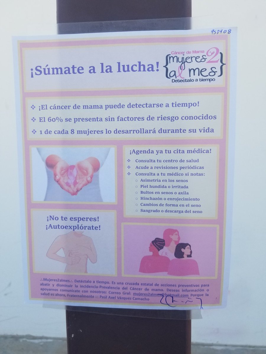 PAXVAC's tweet photo. De nuevo haciendo difusión sobre cáncer de mama en la campaña #mujeres2almes cartel pegado en el estacionamiento del restaurante Mochomos #CancerDeMama #DetectaloATiempo https://t.co/BsEjLwL2U7