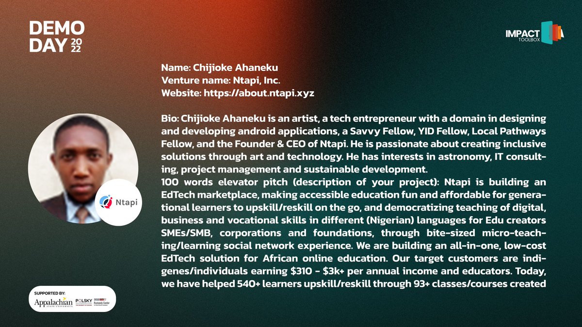 ahaneku_'s tweet image. Join us at the #YID fellowship Demo day, where I will be pitching Ntapi, Inc. and about our social impact strategyfor our users.

@impacttoolbox
@ntapi_
#ntapi