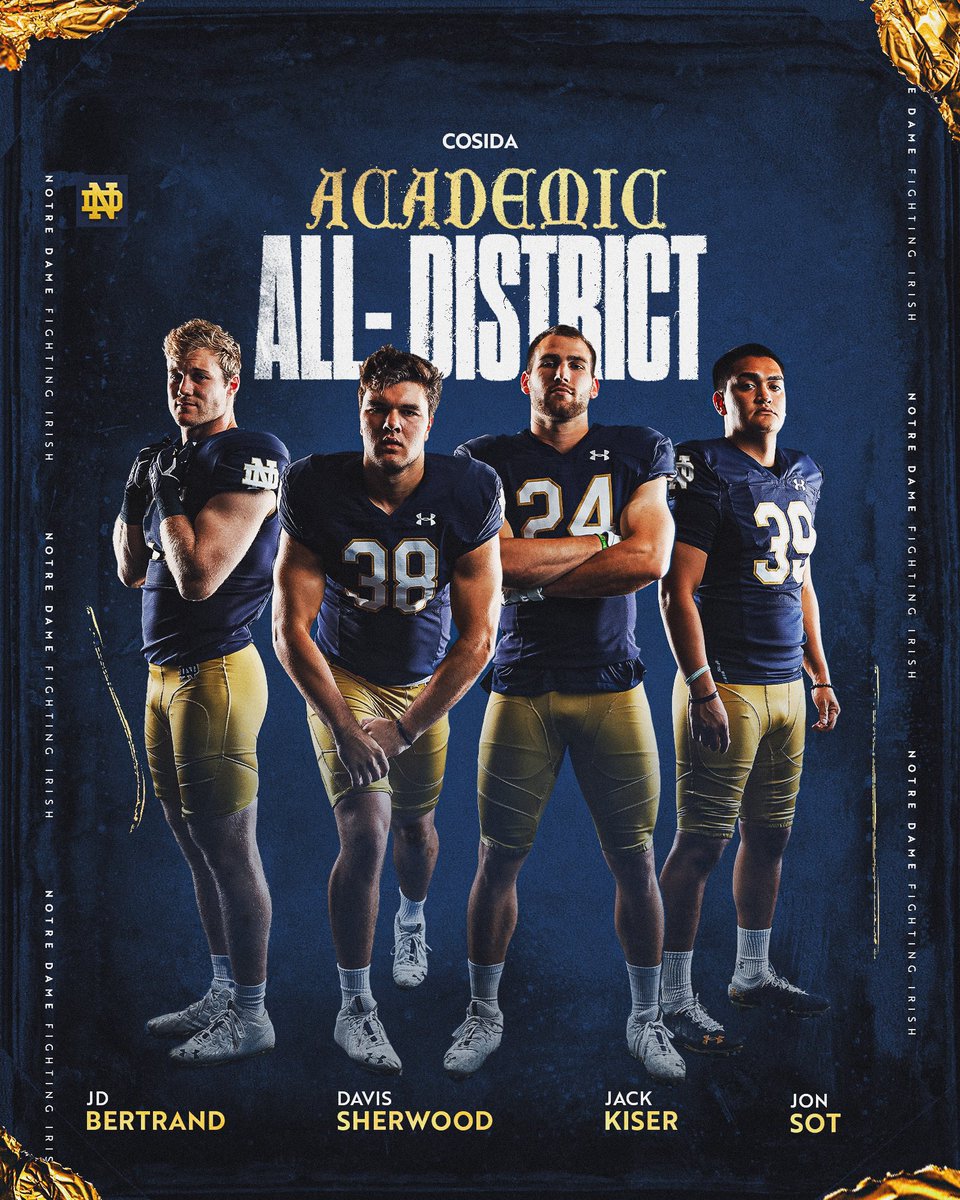 Notre Dame Football (@ndfootball) on Twitter photo ๐
Congratulations to <a href="/JDBertrand1/">JD Bertrand</a> , <a href="/Davis_Sherwood6/">Davis Sherwood</a> , <a href="/JBKiser4/">Jack Kiser</a> , <a href="/jon_sot_/">Jon Sot</a> on receiving <a href="/CollSportsComm/">College Sports Communicators</a> Academic All-District honors
#GoIrish ๐
Congratulations to <a href="/JDBertrand1/">JD Bertrand</a> , <a href="/Davis_Sherwood6/">Davis Sherwood</a> , <a href="/JBKiser4/">Jack Kiser</a> , <a href="/jon_sot_/">Jon Sot</a> on receiving <a href="/CollSportsComm/">College Sports Communicators</a> Academic All-District honors
#GoIrish