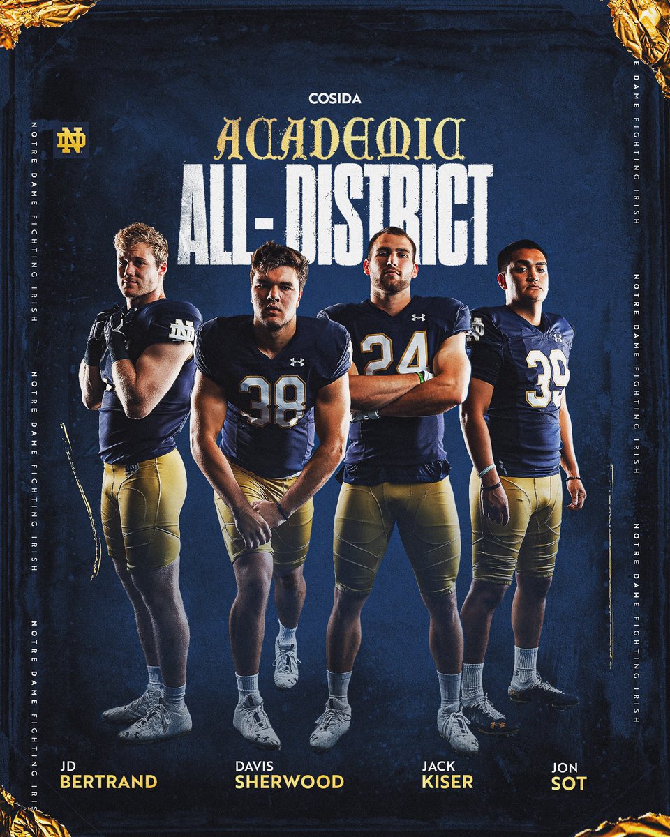 📚 Congratulations to @JDBertrand1 , @Davis_Sherwood6 , @JBKiser4 , @jon_sot_ on receiving @CollSportsComm Academic All-District honors #GoIrish