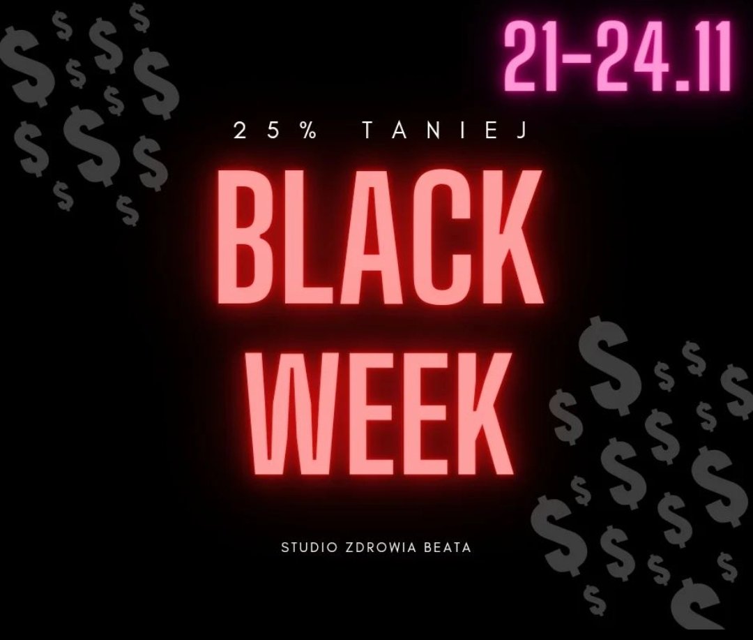 Black Week już tu jest!
Zgarnij 25% rabatu na wizyty między 21 - 24.11.2022. 

Rezerwacja
studiozdrowiabeata.booksy.com