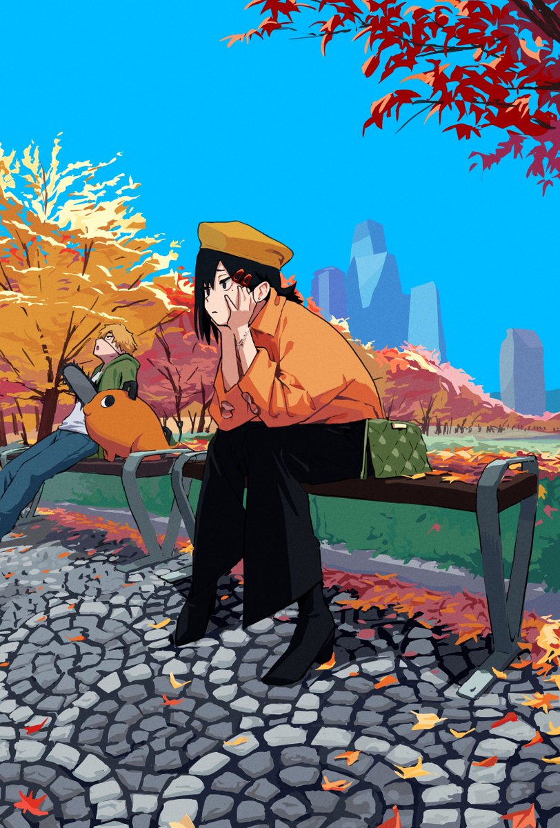 denji (chainsaw man) ,higashiyama kobeni ,pochita (chainsaw man) single sidelock black hair blonde hair autumn leaves hair ornament sitting pants  illustration images