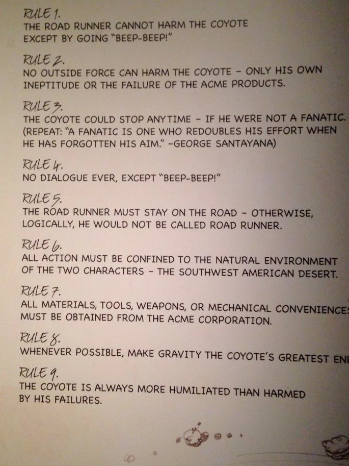 Chuck Jones nine rules for how the coyote and roadrunner functioned. So cool.