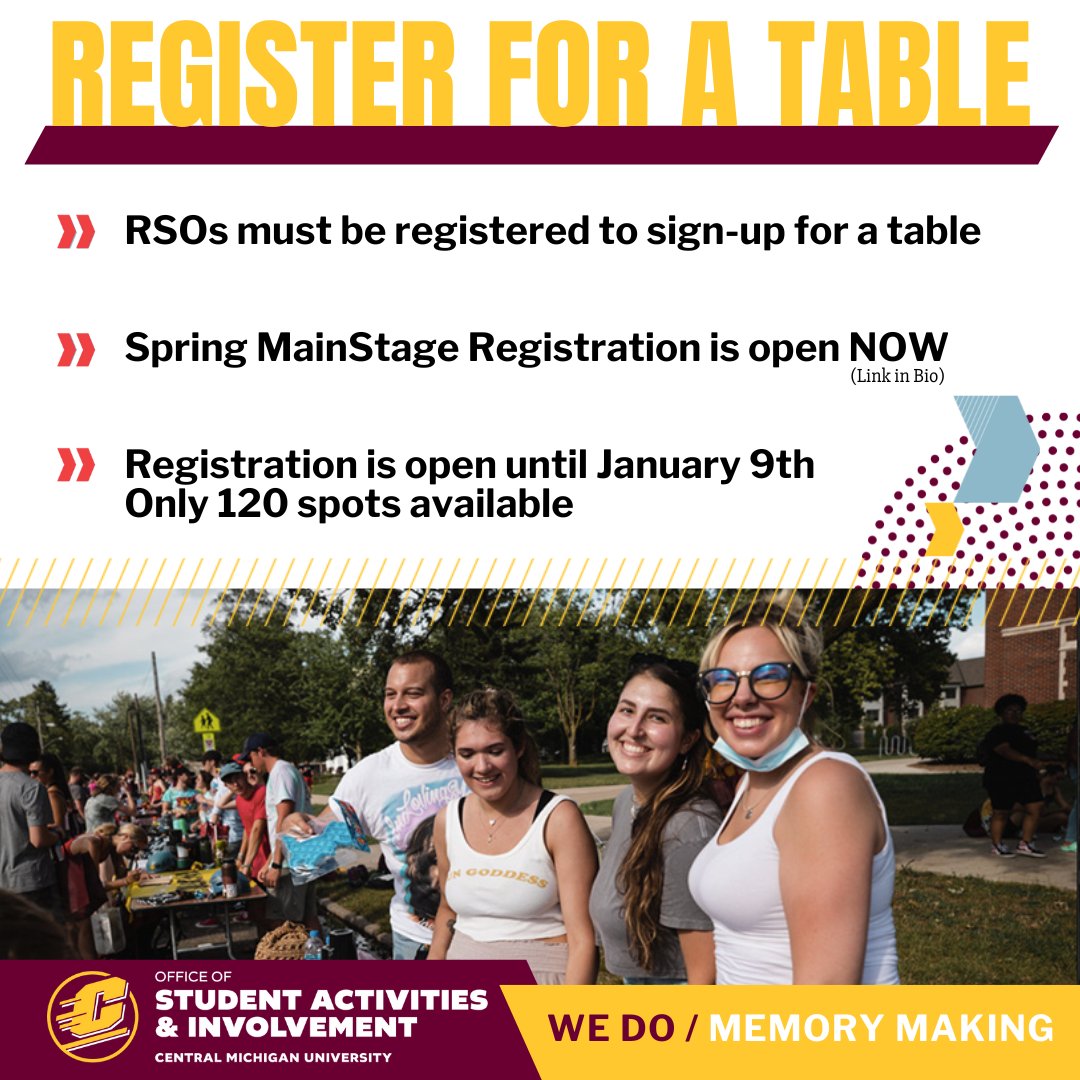 CMUActivities's tweet image. SAVE THE DATE! 😱

Spring MainStage will take place on January 29th in Finch Fieldhouse. Stay tuned for more details.

RSO table registration for Spring MainStage is open now! There are only 120 spots so make sure to sign up quick using the link in our bio! #LifeAtCentral