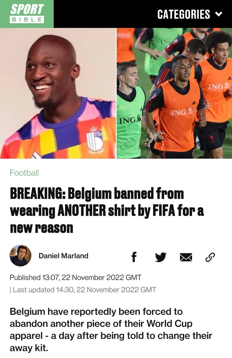 Wenn das so weitergeht, stehen die Belgier bald nackt am Platz...

Nach der gestrigen Monierung des Schriftzuges "LOVE" auf dem Auswärtstrikot wird jetzt das Aufwärmshirt komplett verboten - weil zu bunt.

FIFA Meltdown in coming.

#BoycottQatar2022