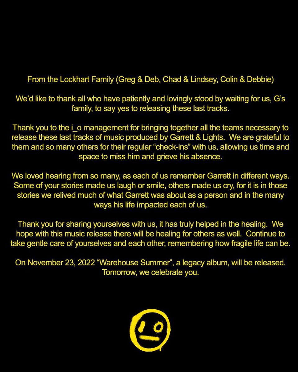 dancingastro's tweet image. i_o’s family has decided to release a legacy album titled ‘Warehouse Summer’ tomorrow, which is the two-year anniversary of his passing

14 tracks, all with vocals from @lights

444ever 🏴

(📸: @Bondio)