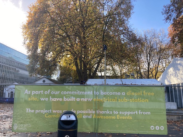 @CamdenCouncil have a #dieselfree electrical substation for a pop up @coramsfields while the @lumentechco  powerplant in #goswellroad pumps diesel in to our atmosphere - what's your excuse @lumentechco in refusing to be #dieselfree ? #pollution Can @IslingtonBC learn from this?