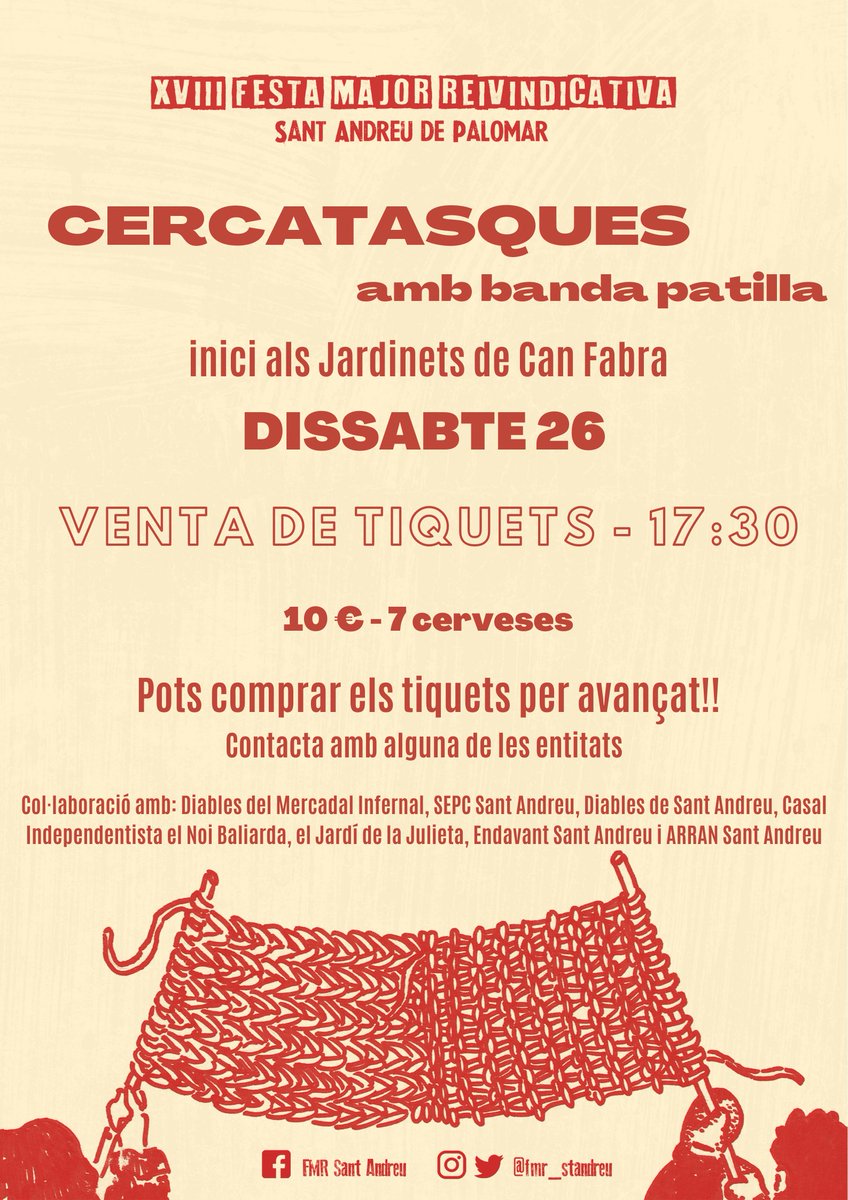 📣 El proper dissabte 26 de novembre tens una cita amb la FMR i la banda patilla! On? Al cercatasques de festa Major! 🎉 

📍Venta de tiquets i inici a les 17:30h als Jardinets de Can Fabra 

Pots demanar-los per avançat!