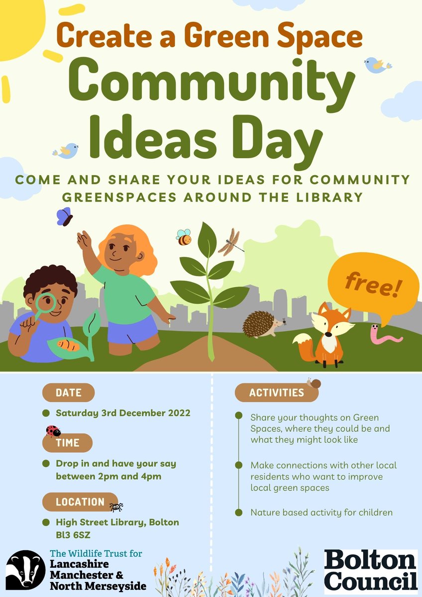 CFDemiLeigh6's tweet photo. Community ideas day
Your chance to create a green space 🌲
Saturday 3rd December 2022
Highstreet library, Bolton- BL3 6SZ
With a nature based activity during the day for children
FREE of charge!
#helpsavetheplanet #greenspaces #communityengagement https://t.co/RbznkPprlV