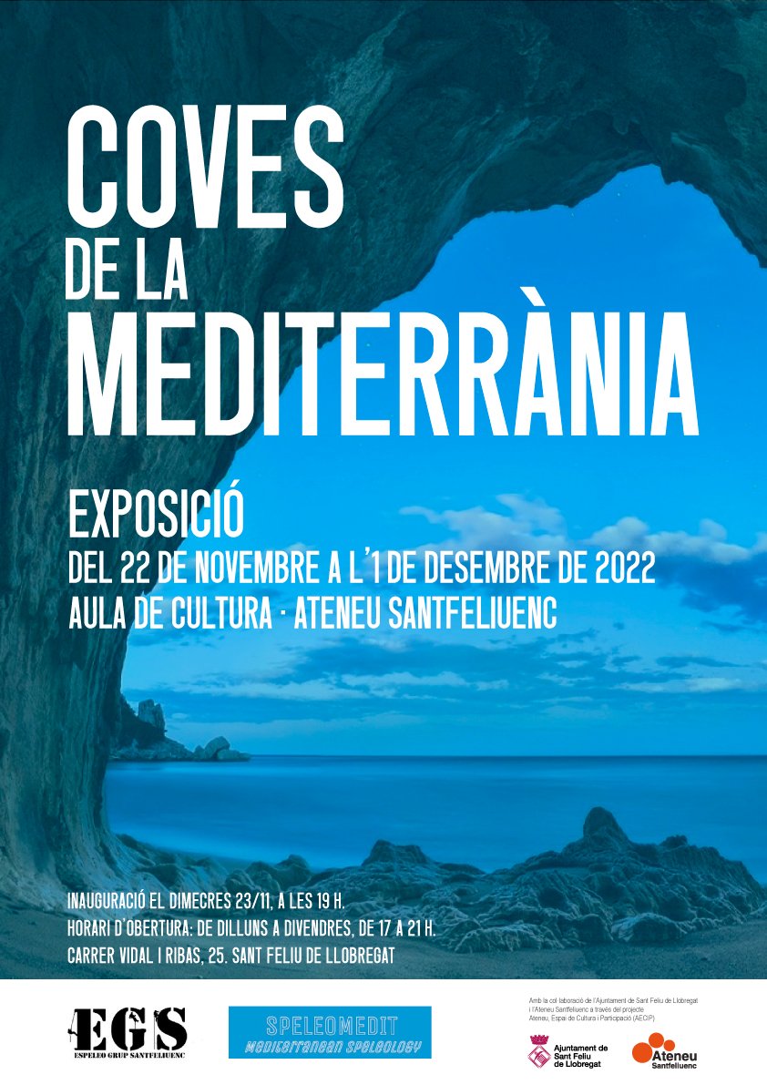 Demà presentem aquesta interessant exposició, esteu totes convidades!!
<a href="/espeleocat/">Federació Catalana d'Espeleologia</a> <a href="/ateneusf/">Ateneu Santfeliuenc</a> <a href="/ajsantfeliu/">Ajuntament de Sant Feliu de Llobregat</a>