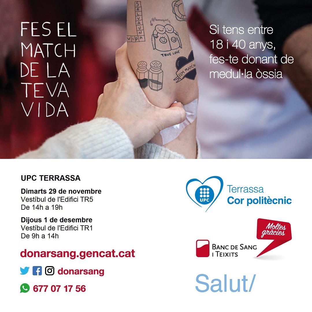 Arriba la setmana del donant a la UPC! La setmana que ve podeu inscriure'us com a donants de medul·la òssia (dimarts 29 o dijous 1 de desembre) i/o venir a donar sang el dimecres amb nosaltres! Si veniu el dimecres recordeu d'apuntar-vos abans a donarsang.gencat.cat/ca/vull-donar/…