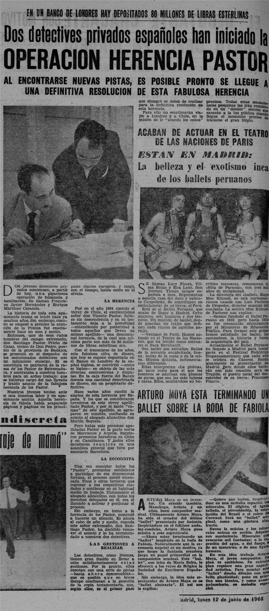 SMInvestigacion's tweet photo. Publicación del diario Pueblo del 12 y 22 de junio de 1961 donde se encarga a dos detectives reconstrucción del árbol genealógico de la familia PASTOR, en el año 1804, el Virrey de Chile, el excelentísimo señor Vicente Pastor, fallece sin descendencia. 
#ilovedetectives
#familia https://t.co/opyB1juOUm
