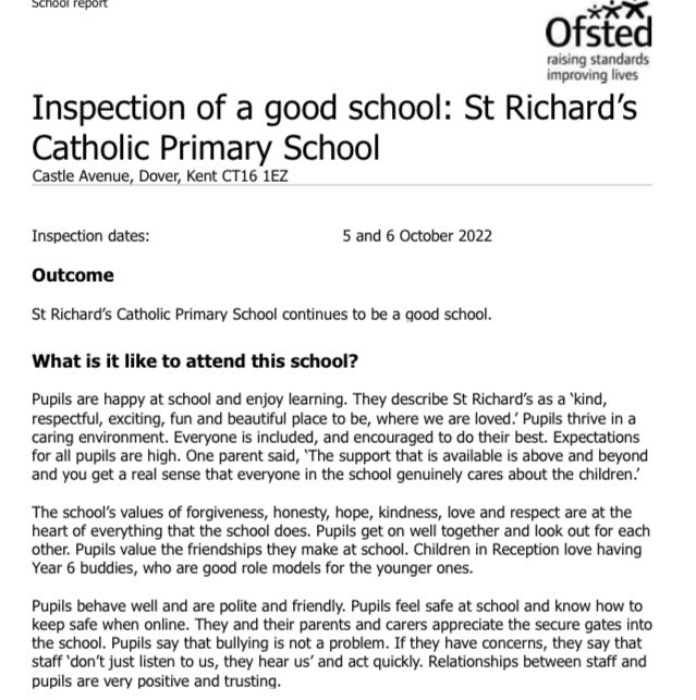Heatherleatt's tweet photo. Congratulations to all at St Richard’s on their recent inspection outcome. It continues to be a good school and the pupils were glowing in their praise to inspectors. Well done everyone! #KCSP @KentCatholic https://t.co/rw4zcaz9oB