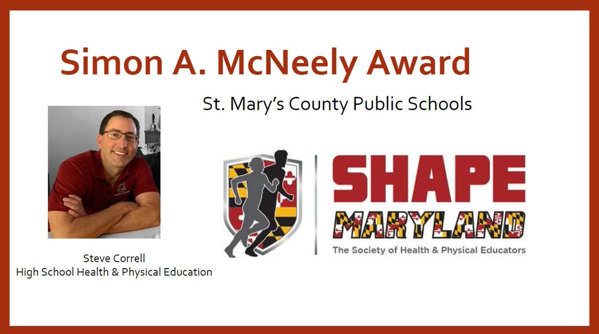 SMCPShapeAths's tweet photo. Mr. Correll was awarded the Simon A. McNeely Award for St. Mary's County Public Schools at the recent SHAPEMaryland conference in OC MD. Congratulations to Mr. Correll. Thank you for all you do for students and student-athletes. 
@LHS_SMCPS 
@SHAPEMaryland https://t.co/TaiVjzCFkz