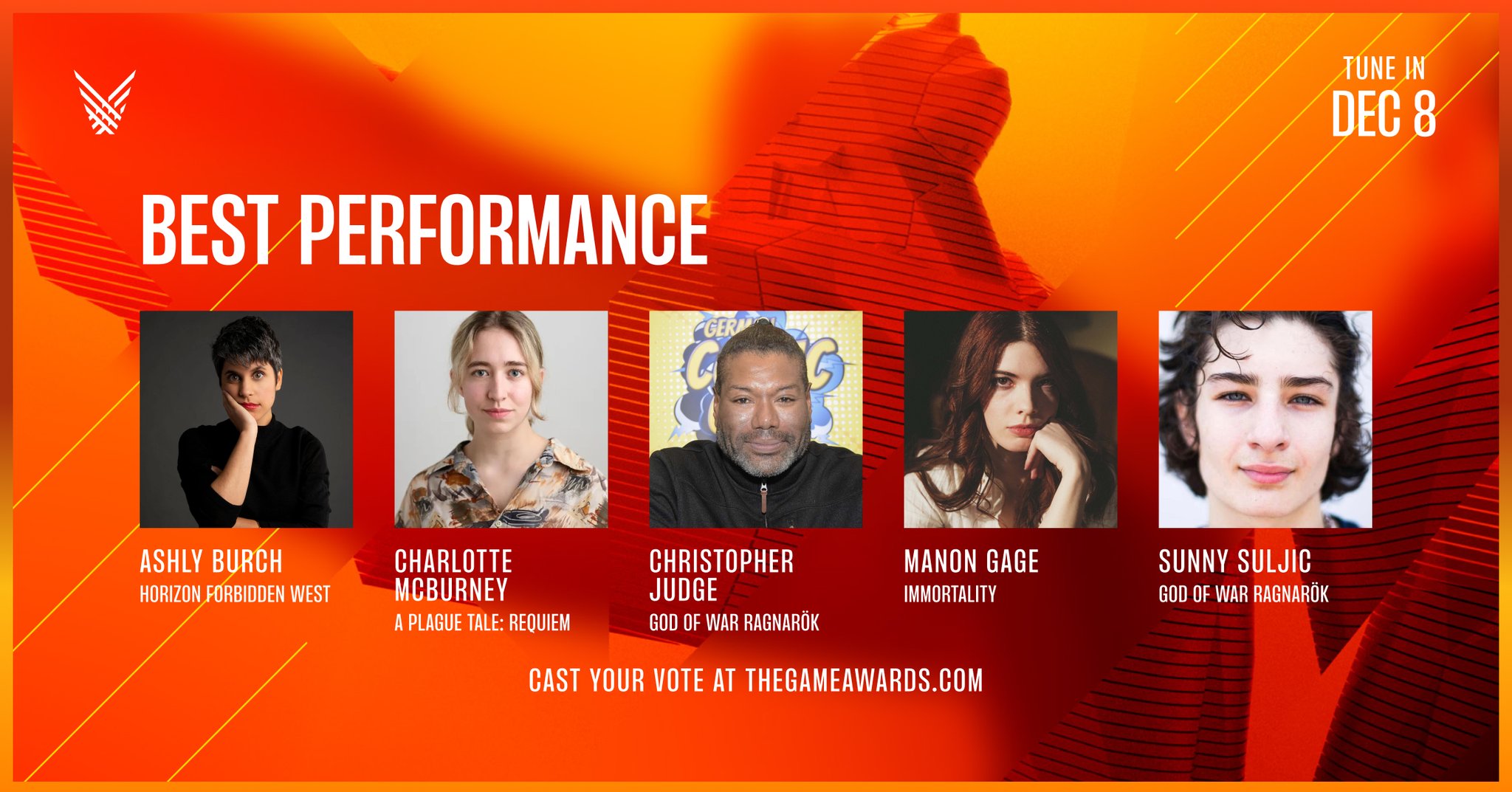 The Game Awards on X: What's your vote for Best Performance at  #TheGameAwards? - Ashly Burch - Charlotte McBurney - Christopher Judge -  Manon Gage - Sunny Suljic Vote now:  or