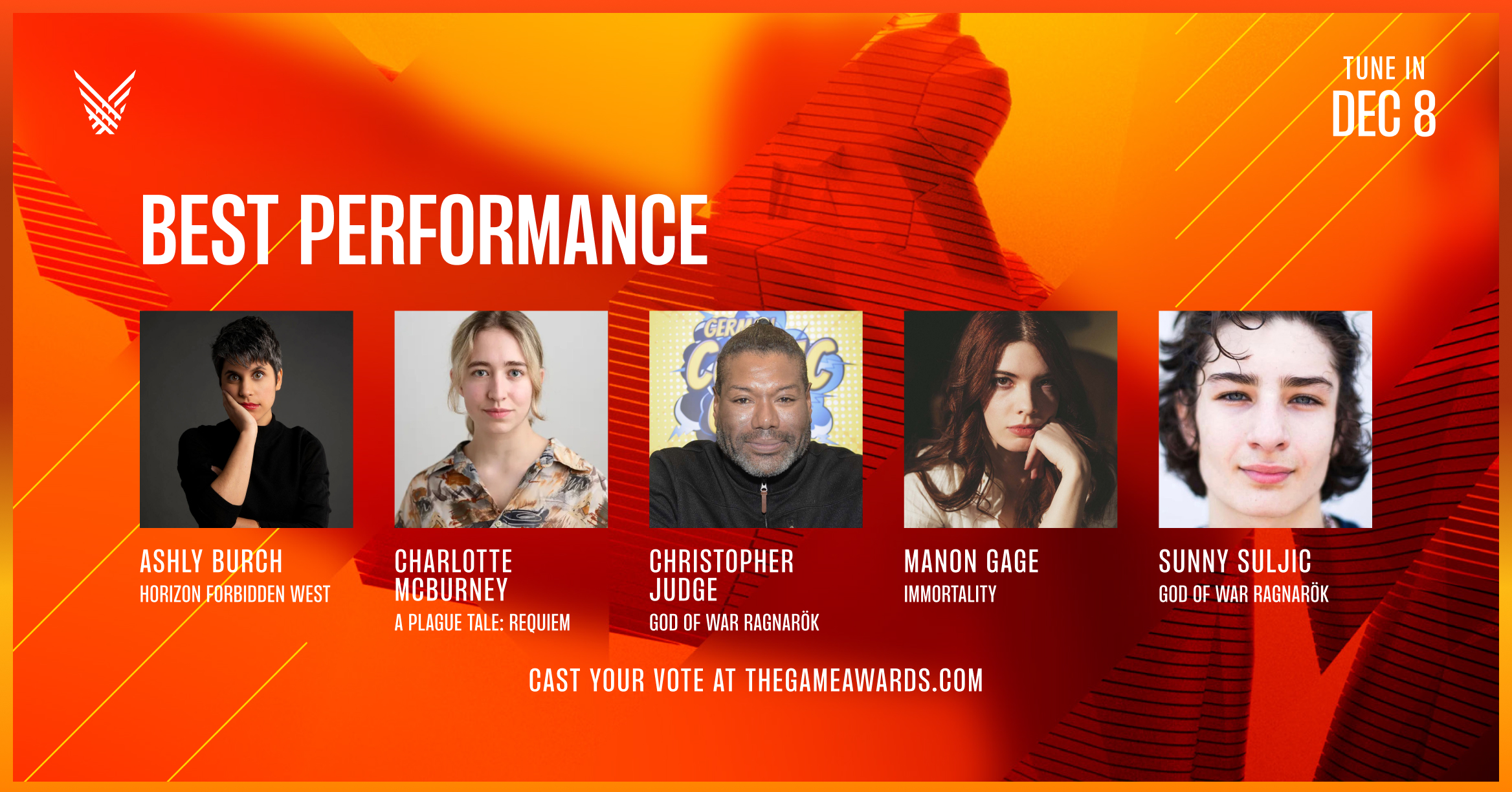 The Game Awards on X: What's your vote for Best Performance at  #TheGameAwards? - Ashly Burch - Charlotte McBurney - Christopher Judge -  Manon Gage - Sunny Suljic Vote now:  or