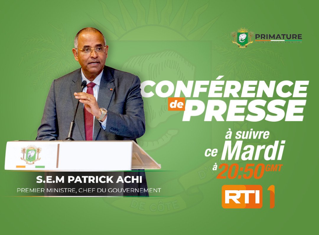 GAchpat's tweet photo. CONFÉRENCE DE PRESSE DU PREMIER MINISTRE @ACHIPatrick4 

À suivre ce mardi 22 novembre 2022 à 20h50 GMT sur @RTI_info .
#CIV225 https://t.co/jKpJ77eQ8i