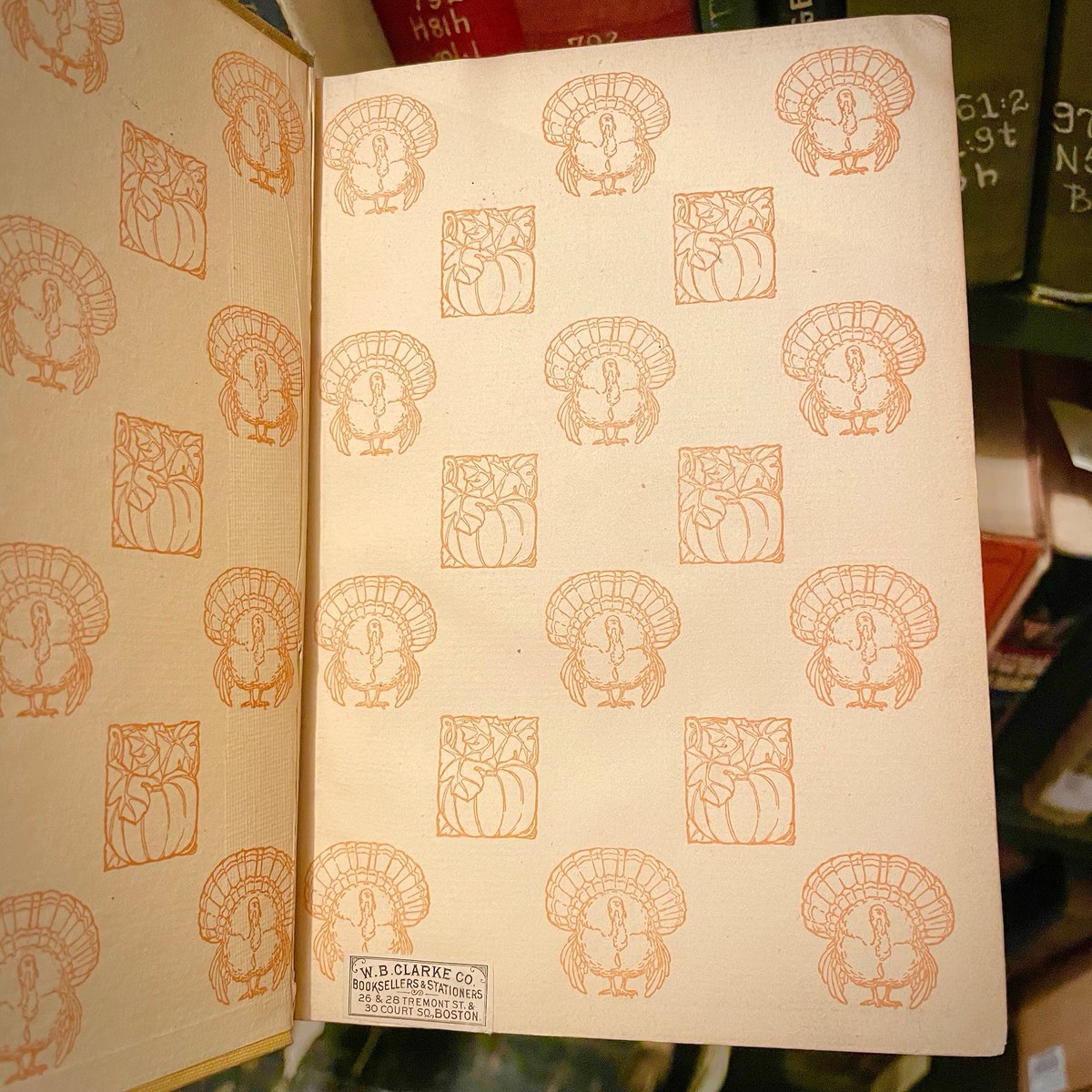 mastatelibrary's tweet photo. We love these Thanksgiving-themed endsheets that we found in our stacks! These festive pages are from the 1907 book, Thanksgiving: Its Origin, Celebration and Significance as Related in Prose and Verse. #ThanksgivingWeek #HolidayBooks #GobbleGobble #FoundInTheStacks https://t.co/UOvcB39G8J