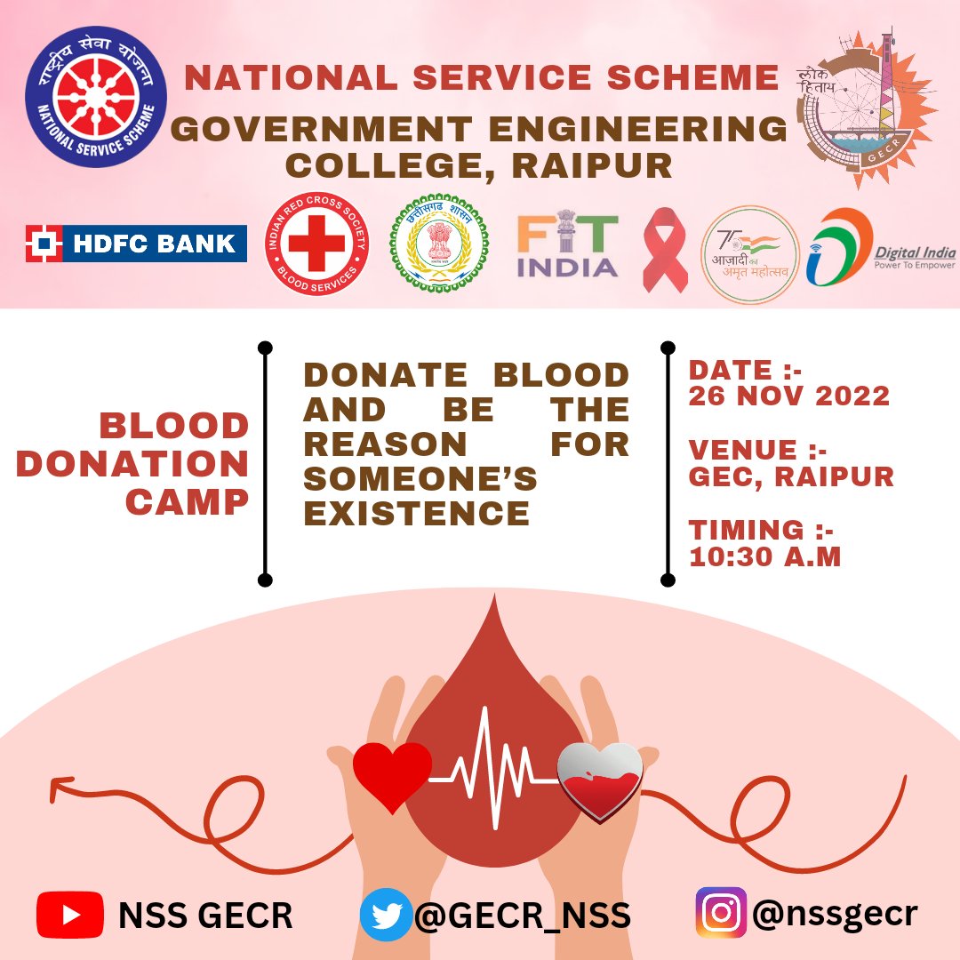 GECR_NSS's tweet photo. NSS, GECR is glad to inform that it is Organising Blood Donation Camp and Free Health Checkup Camp on 26 November, 2022.
You all are kindly invited.
Blood Donation Camp Form :-
https://t.co/YcsMlCPiRb
Free Health Checkup Camp Form :-
https://t.co/yxBY2fqXjv https://t.co/UL74Iu61s5