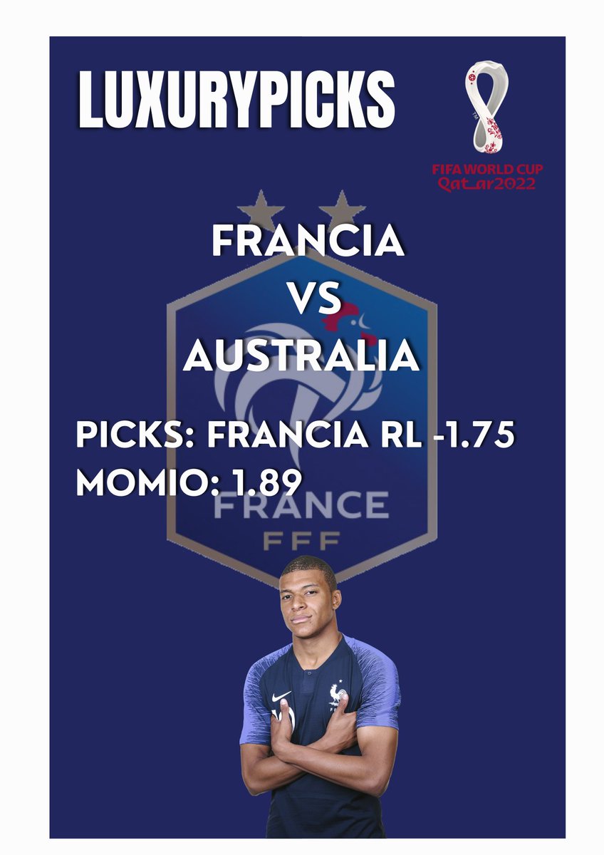 PicksLuxury's tweet photo. #FREEPICKS 

🏆 @FIFAWorldCup 🏆

 FRANCIA 
      VS
AUSTRALIA 

PICKS: FRANCIA RL -1.75

MOMIO:  1.89

 #Qatar2022 #FIFAWorldCup #FRA  #AUS  #BETS #futbol #QatarWorldCup2022 #Apuestasdeportivas  #Apuestas #CDMX #Medellin #Bogota #Venezuela https://t.co/6rwT2VfMNc
