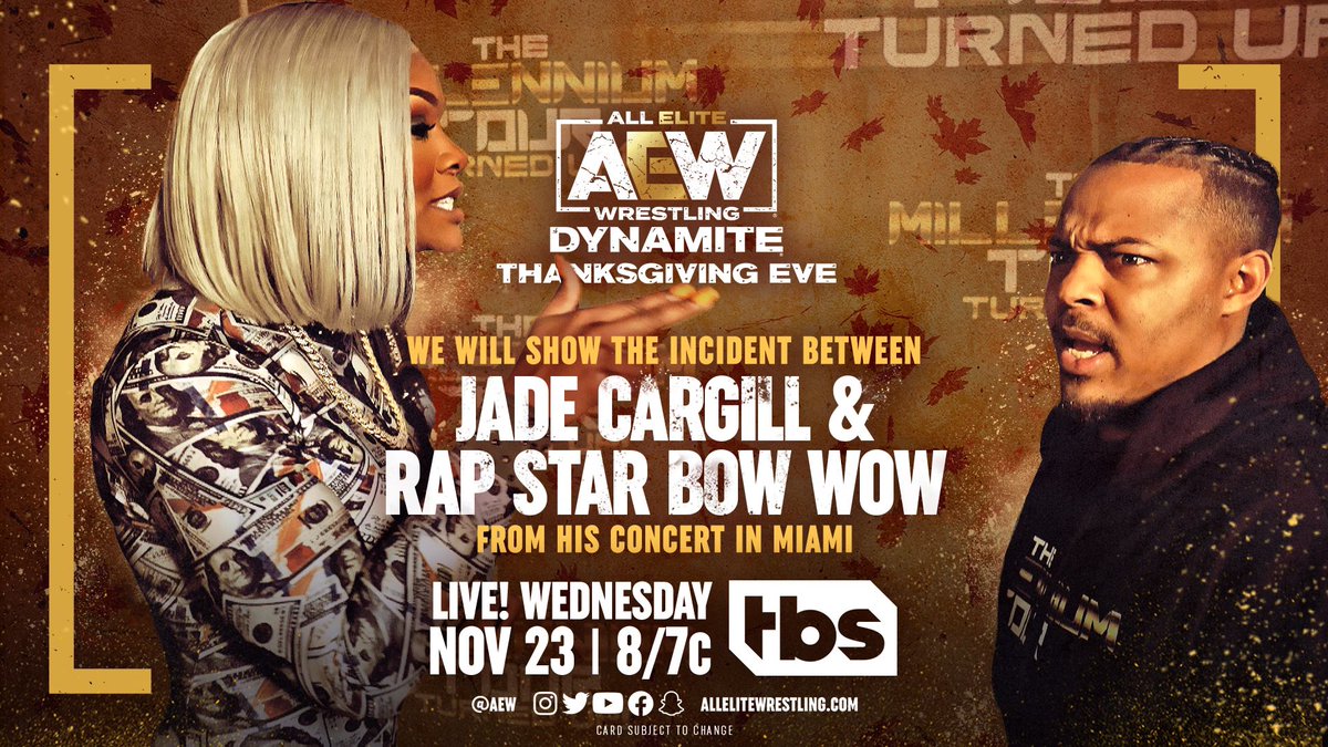 AEW's tweet photo. Sunday night in Miami #AEW @TBSNetwork @Jade_Cargill finally came face-to-face with Rap star Bow Wow (@smoss) after weeks of social media trash talk. We'll have an exclusive update on TOMORROW’s Thanksgiving Eve Wednesday Night #AEWDynamite, LIVE at 8pm ET / 7pm CT on TBS https://t.co/Nw9aDna6XM