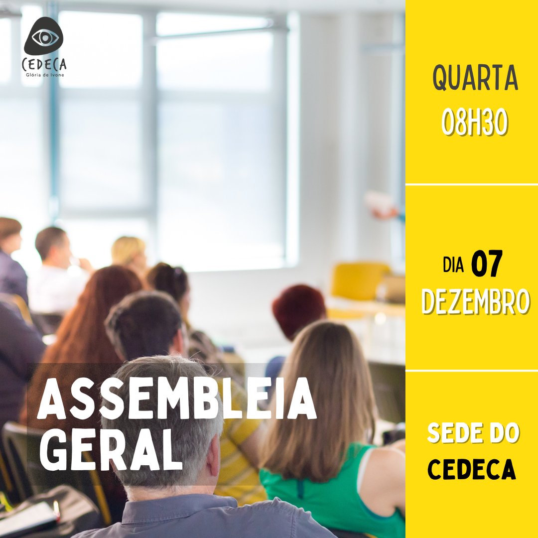 CEDECA_TO's tweet photo. Olá, associados e associadas do Cedeca!! 👋🏼Convocamos vocês para participarem da Assembleia Geral - Ordinária e Extraordinária - que vai acontecer no próximo dia 7 de dezembro, aqui na sede do Cedeca.
#Cedecato https://t.co/AqRKHOiXXq
