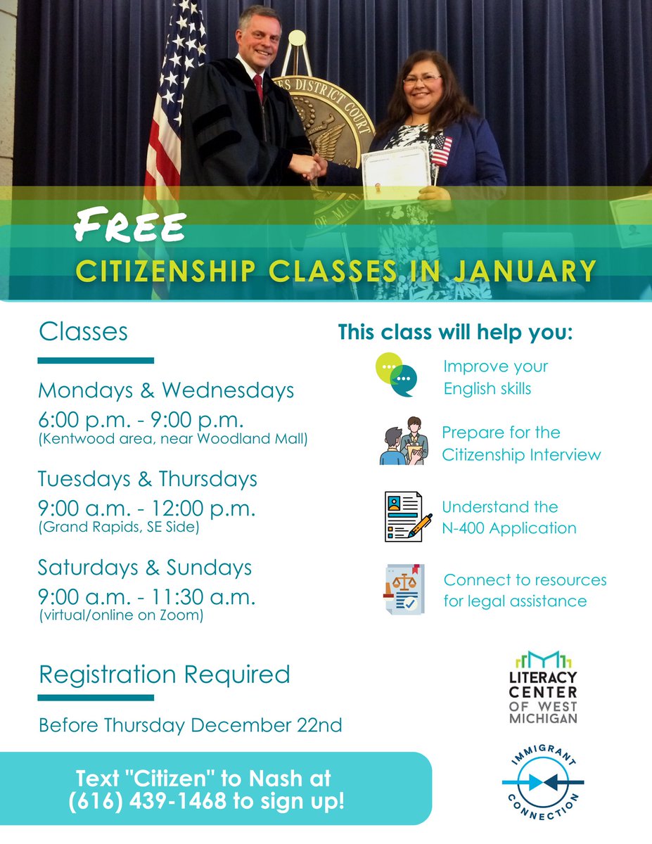LCWM's tweet image. Interested in obtaining your citizenship? Sign up for our upcoming classes now! Text "Citizen" to 616-439-1468 or call us at 616-459-5151. Registration deadline is December 22.

#Citizenship #Ciudadania #ClasesDeIngles #Gratis