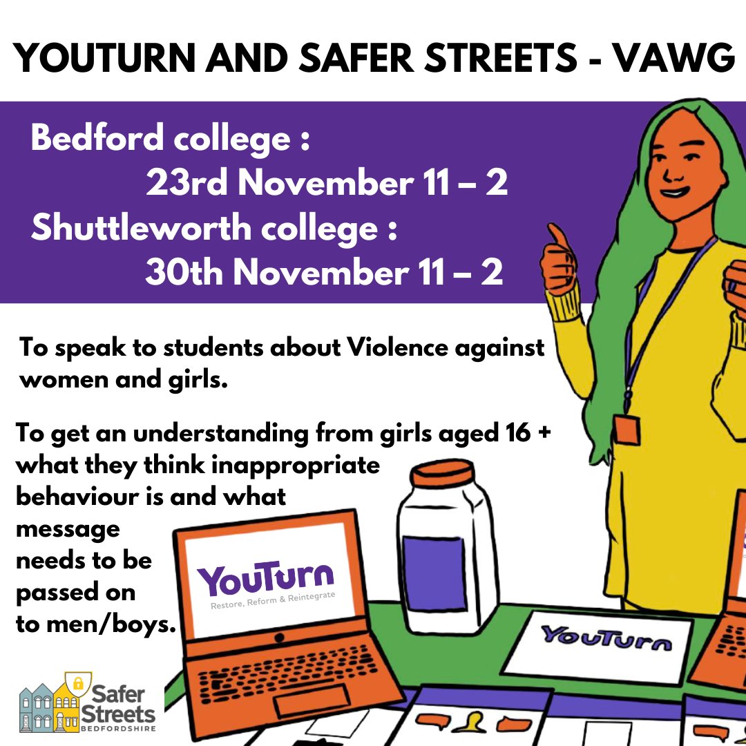 YouTurnFutures's tweet photo. YouTurn Futures will be @bedfordcollege
 and @shuttleworthcol within the next weeks to speak to students about violence against women and girls.

Looking forward to seeing you all! https://t.co/LIcGcgUikn