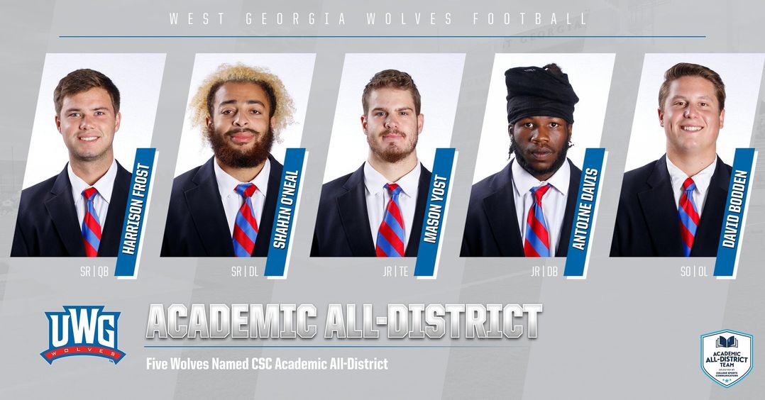 UWGFootball's tweet photo. Congrats to our five @CollSportsComm Academic All-District selections!

🔗➡️ https://t.co/CQBTiBs42i

#WeRunTogether https://t.co/mpDzqeBgHT