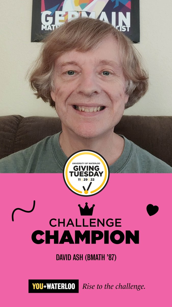 WaterlooMath's tweet photo. November 29th (one week from today) is Giving Tuesday! David Ash has championed the Pure Mathematics Fund. Join David in encouraging discovery through curiosity by supporting this fund! https://t.co/MVAnNyO61H
#GivingUWaterloo #GivingTuesdayCA https://t.co/PQKxH8bWTL