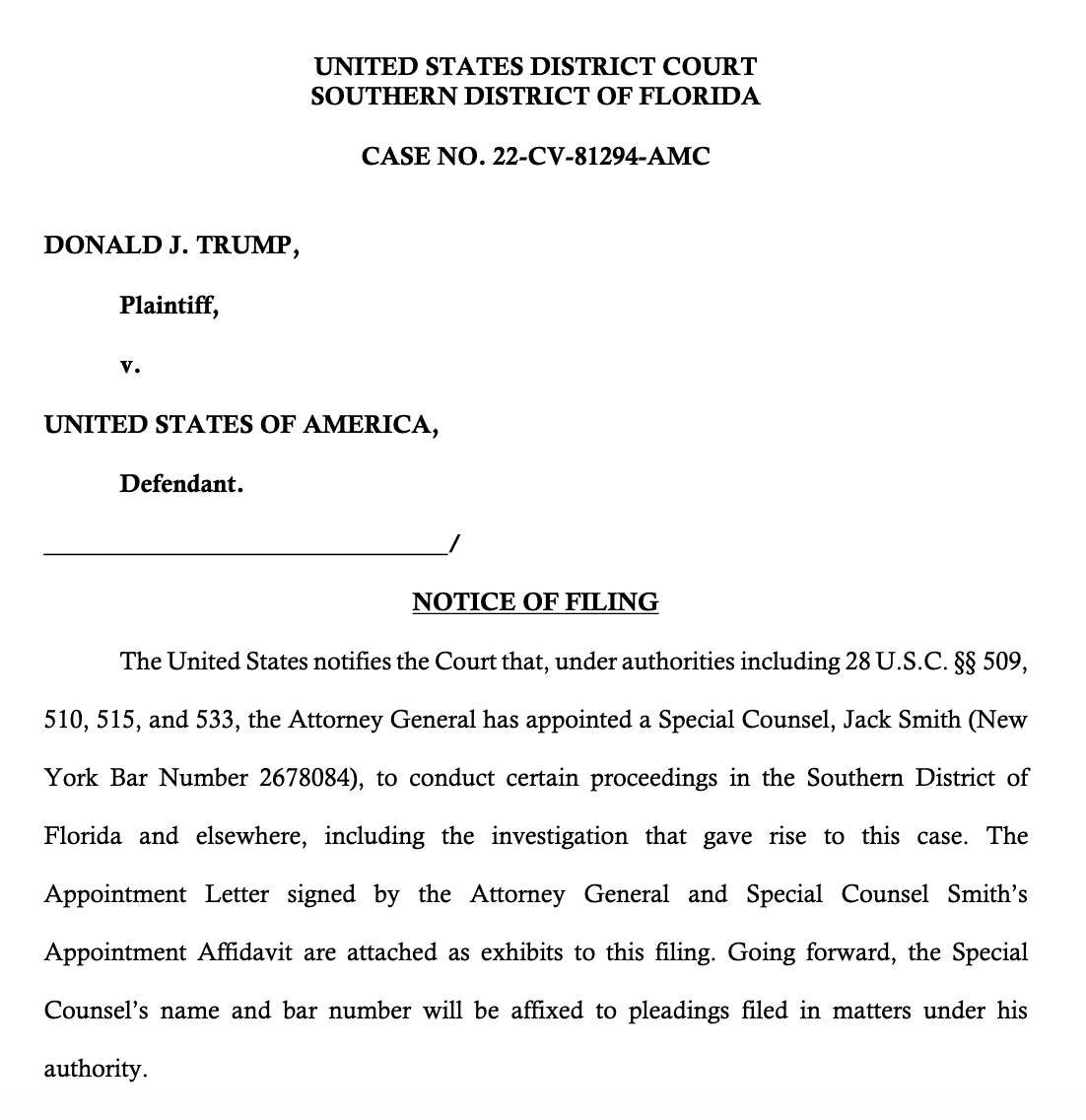 KlasfeldReports's tweet photo. The DOJ informs Judge Cannon that special counsel Jack Smith has taken charge of the Mar-a-Lago investigation — and with it, the case before her.

(They submitted a similar notification before the 11th Circuit, where proceedings are imminent in an appeal.) https://t.co/glBORGjbri