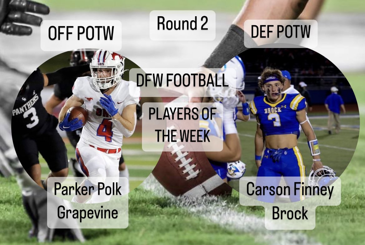 Congrats to our football players of the week from Round 2. Grapevine’s <a href="/parkerpolk4/">Parker Polk</a> and Brock’s <a href="/CarsonFinney4/">Carson Finney</a> 

Parker rushed for 228 yards and 5 touchdowns vs Cooper. Carson picked off 3 passes and blocked an extra point vs Muleshoe #txhsfb <a href="/GHSMustangsFB/">GHSMustangsFootball</a> <a href="/BrockAthletics/">Chad Massey</a>