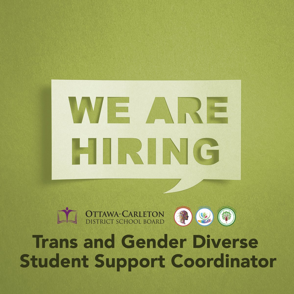 We're hiring! The OCDSB is currently looking to fill the position of Trans and Gender Diverse Student Support Coordinator. Interested? Applications will be accepted until November 30 at 2:00 p.m. Learn more and apply today: ow.ly/zF1Q50LKVe3
