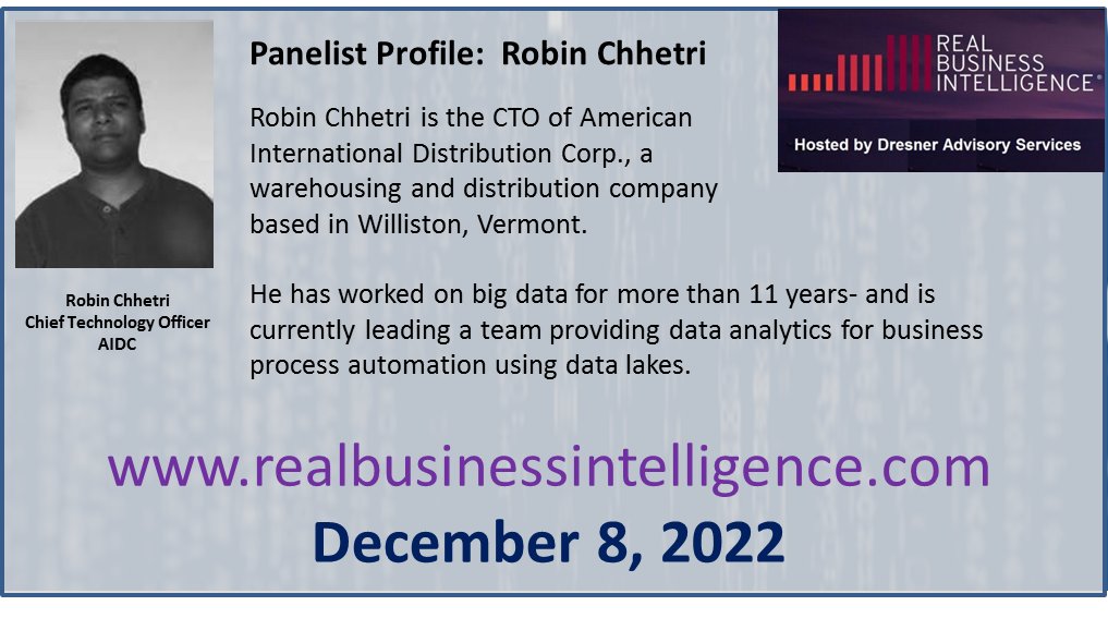 Meet Robin Chhetri Chief Technology Officer at AIDC at The ALL FREE Dresner Advisory Real Business Intelligence® Conference. REGISTER HERE FOR FREE, ow.ly/sv3450LAaQY
