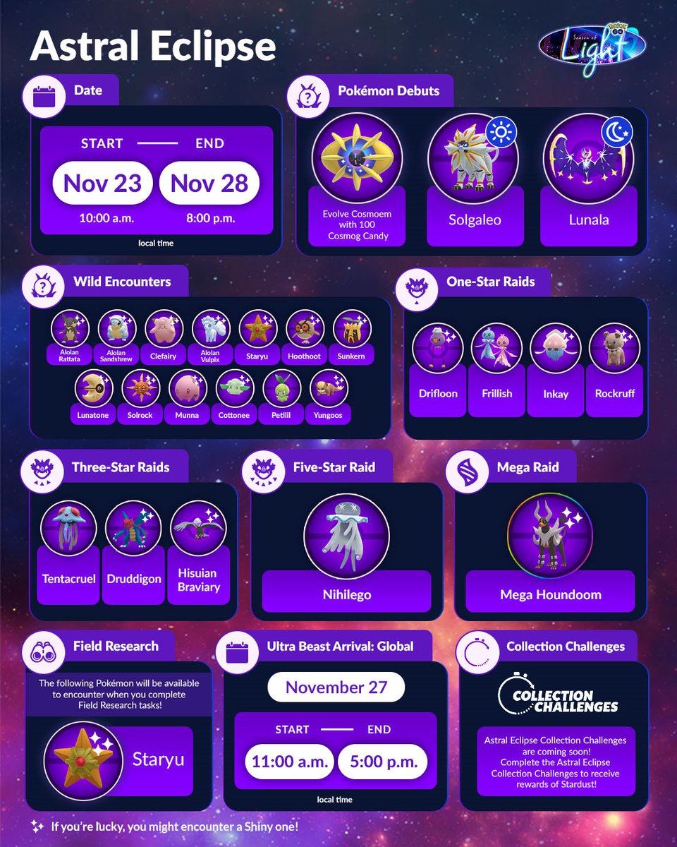 PokemonGoApp's tweet photo. No need to look to the skies, Trainers—these cosmic Pokémon are landing near you!

Here’s everything you need to know about the upcoming Astral Eclipse event—and the Pokémon arriving with it. 👉 https://t.co/2CvOGFbwVK
#SeasonOfLight
#UltraBeastArrival https://t.co/4DQKugoipG