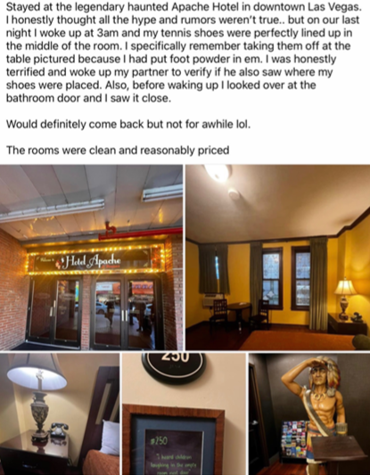 BinionsLV's tweet photo. When people ask us if Hotel Apache is ACTUALLY haunted, we say "don't ask us, ask our guests." We love hearing your real life encounters, so don't forget to tag us! And if you're still a non-believer, book a room and see for yourself. https://t.co/WZJVtWGAy1
#hotelapache #binions https://t.co/WqyJM9ICNz