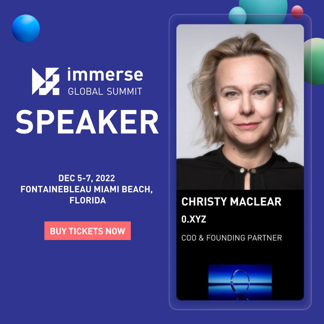 📢 Speaker announcement for #IGSmiami <a href="/christyomaclear/">Christy MacLear</a> from 0.XYZ 

📅 DATE: Dec 5-7, 2022
🌴 LOCATION: Fontainebleau Miami Bech
TICKETS 👉 immerseglobalsummit.com

#web3 #metaverse #tech #xr #conference <a href="/Fontainebleau/">Fontainebleau Miami Beach</a> #networking #Blockchain #NFTs