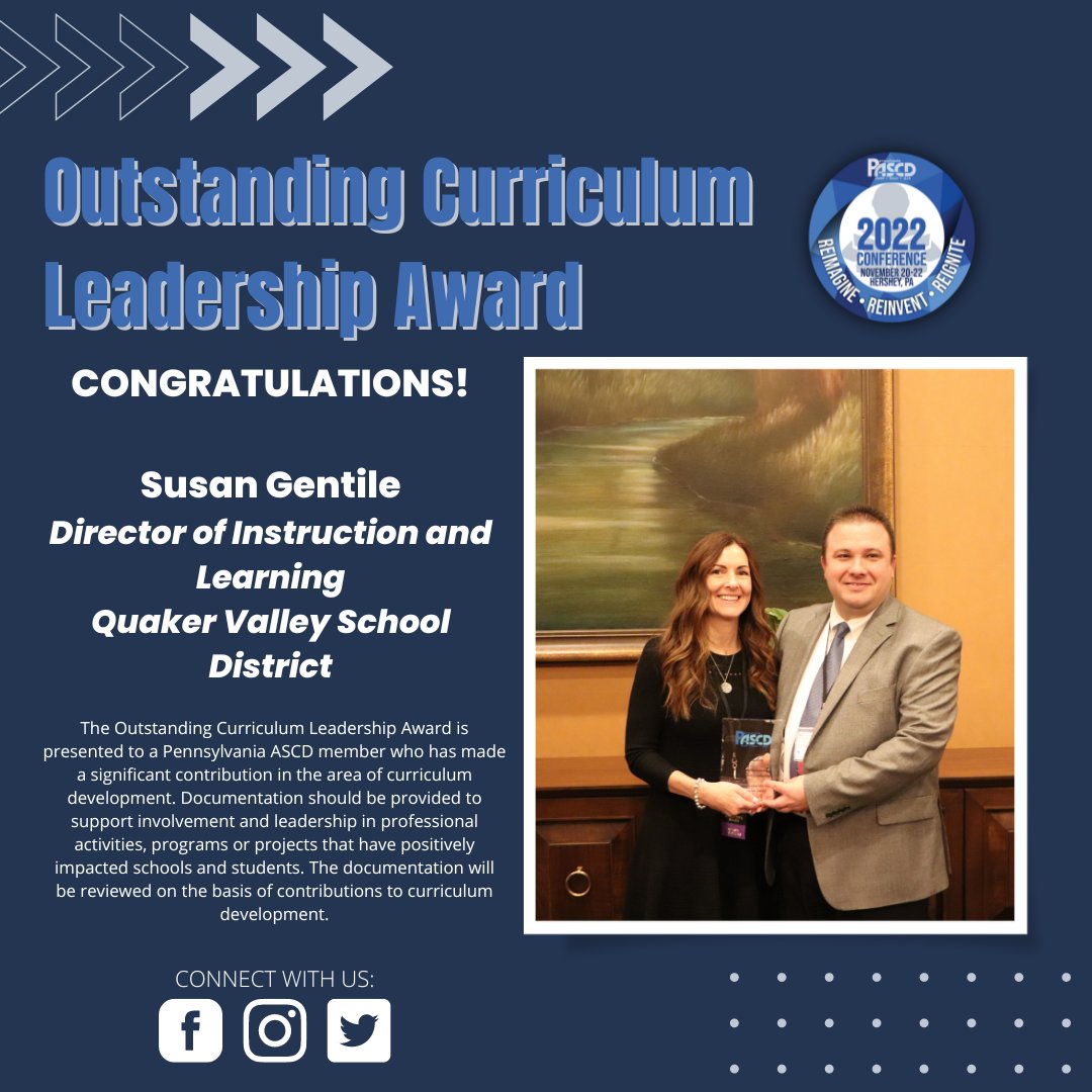 Pennsylvania ASCD (@pascd) on Twitter photo Congratulations, Susan Gentile, Director of Instruction and Learning at Quaker Valley School District, for receiving the <a href="/PASCD/">Pennsylvania ASCD</a> 2022-2023 Outstanding Curriculum Leadership Award. <a href="/quakervalley/">Quaker Valley SD</a> Congratulations, Susan Gentile, Director of Instruction and Learning at Quaker Valley School District, for receiving the <a href="/PASCD/">Pennsylvania ASCD</a> 2022-2023 Outstanding Curriculum Leadership Award. <a href="/quakervalley/">Quaker Valley SD</a>