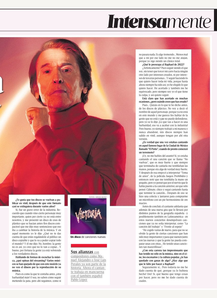 Sólo 5 artistas tienen un disco de uranio (por 50 millones de discos vendidos): Michael Jackson, Queen, AC/DC, U2 y <a href="/RAPHAELartista/">𝗥𝗔𝗣𝗛𝗔𝗘𝗟</a>. Por eso es el Rey del Pop español. Aquí la charla que se publica con él, hoy en el suplemento #Normal de <a href="/elsolde_mexico/">El Sol de México</a> 👉 solde.mx/3EnR00S