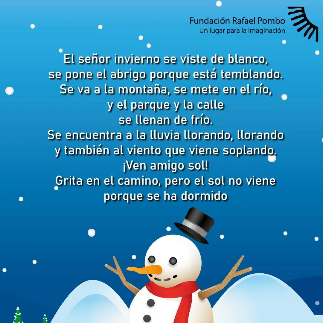 FRafaelPombo's tweet photo. Recomendado 🚨

❞𝐏𝐨𝐞𝐦𝐚𝐬 𝐢𝐧𝐟𝐚𝐧𝐭𝐢𝐥𝐞𝐬✨ ❞

El señor invierno ❄️🥶

De:Marisol Perales ✍🏻

📌Mi querido amigo de Pombo🎩 recuerda que debemos valorar la vida sin importar como sea.

#FRP #Poemas #Niños #Niñas #FundaciónRafaelPombo 
#ElSeñorInvierno https://t.co/V9XEWdfQOd