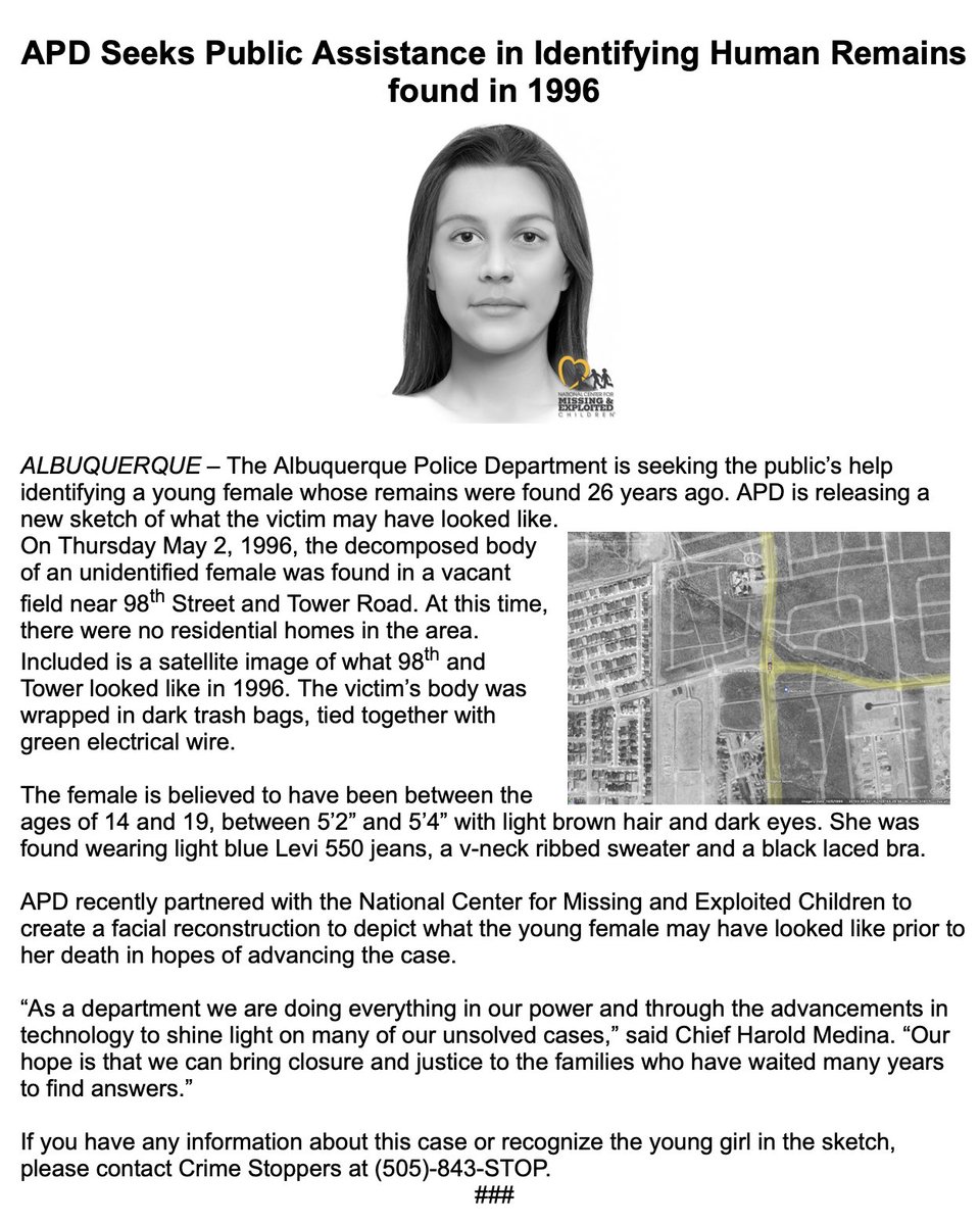 ABQPOLICE's tweet photo. The Albuquerque Police Department is seeking the public’s help identifying a young female whose remains were found 26 years ago. APD is releasing a new sketch of what the victim may have looked like https://t.co/ronfFBYVnp