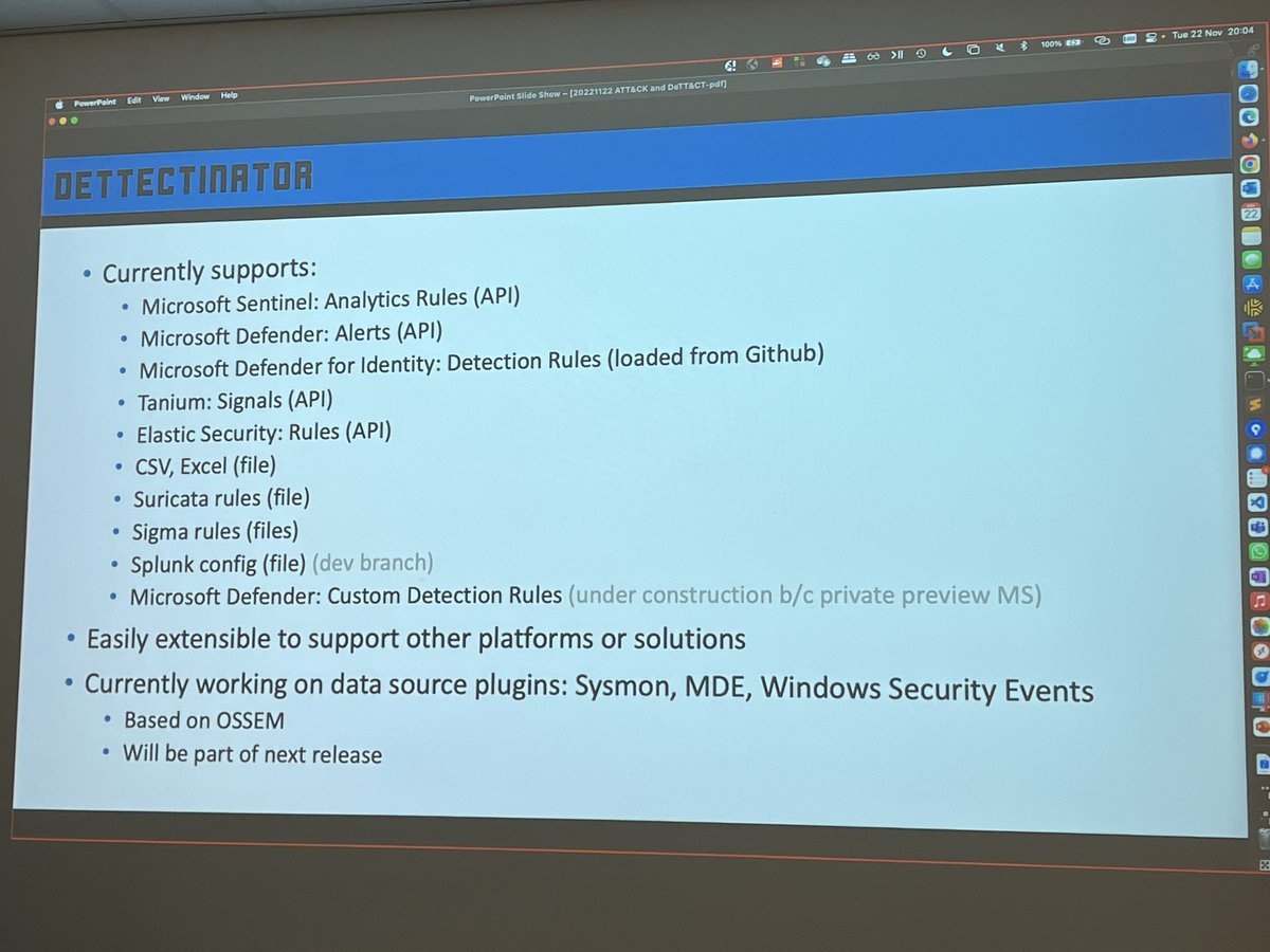 Tonight at #dutchsecmeetup session by <a href="/rubinatorz/">Ruben Bouman</a> about ‘Automating ATT&amp;CK coverage with DeTT&amp;C’ hosted at @UnicaNL i #Hoevelaken dettectinator for automated import from your SIEM like @azure #sentinal or <a href="/splunk/">Splunk</a>