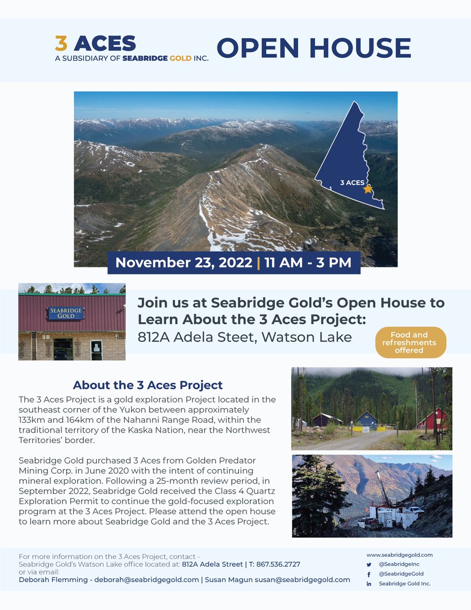SeabridgeInc's tweet photo. Excited to again connect with residents of #WatsonLake tomorrow (11am-3pm) at Seabridge's local office (812A Adela Street, Watson Lake) where we will share the latest updates about our #3AcesProject. #LiardFirstNation #RossRiverDenaCouncil #CommunityEngagement https://t.co/w5hShPDi5P