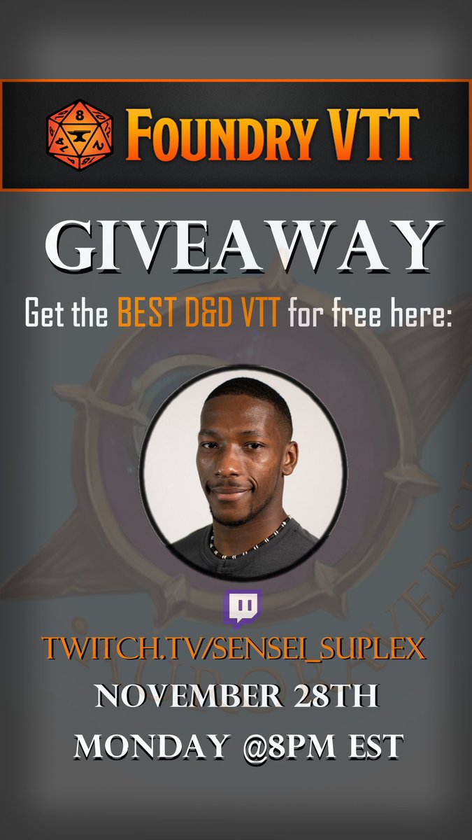 Sensei_Suplex's tweet image. 🔴What if I told you, I'd be able to give you a free license to one of the best VTTs out for 2023? 

🔴On November 28th &amp;amp; our final D&amp;amp;D session of 2022, I'll be doing a foundry VTT giveaway and you are invited! Retweet this for an entry now!
         #DnD #dnd5e #ttrpg #Giveaway